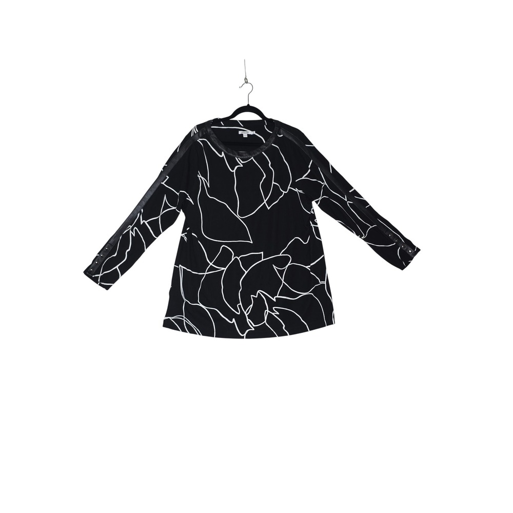 Chicos Black White Abstract Floral Tunic Faux Leather Trim Snap Sleeve Sz3 XL